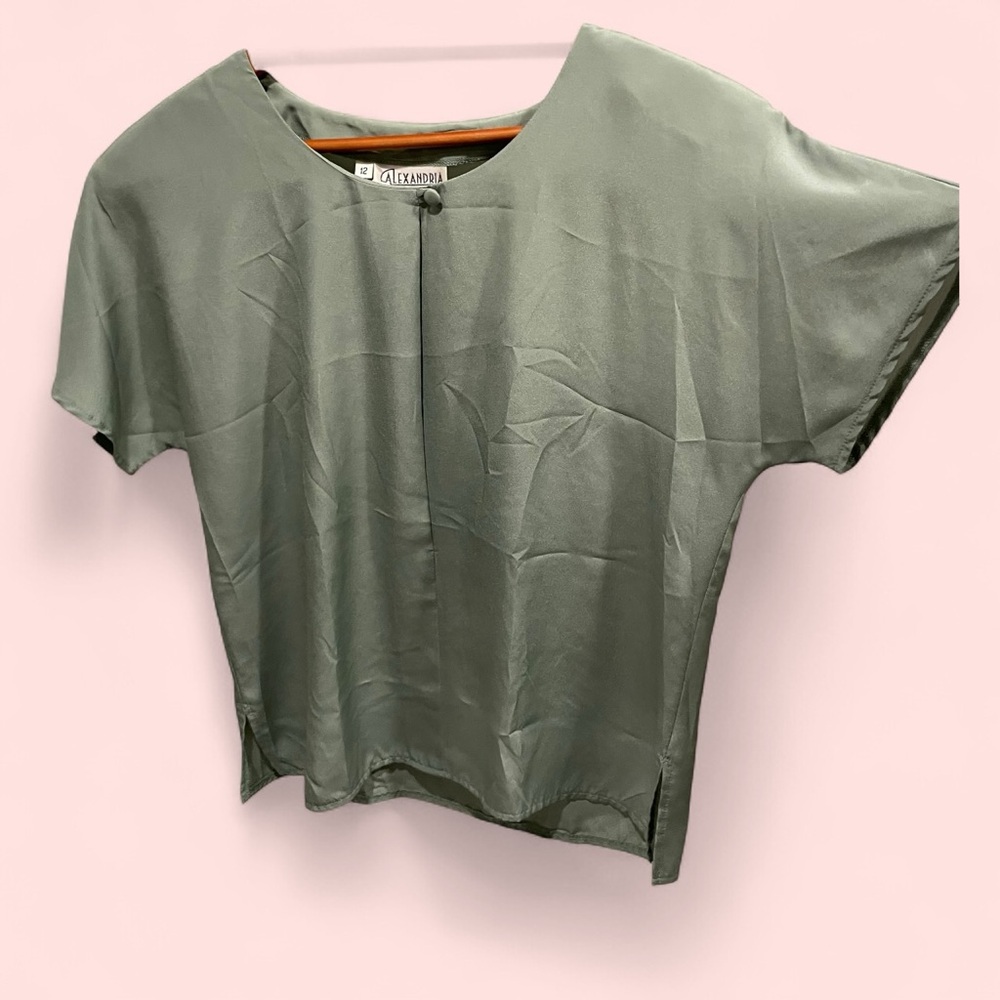 Vintage silky sage one button collar short sleeve blouse Alexandria